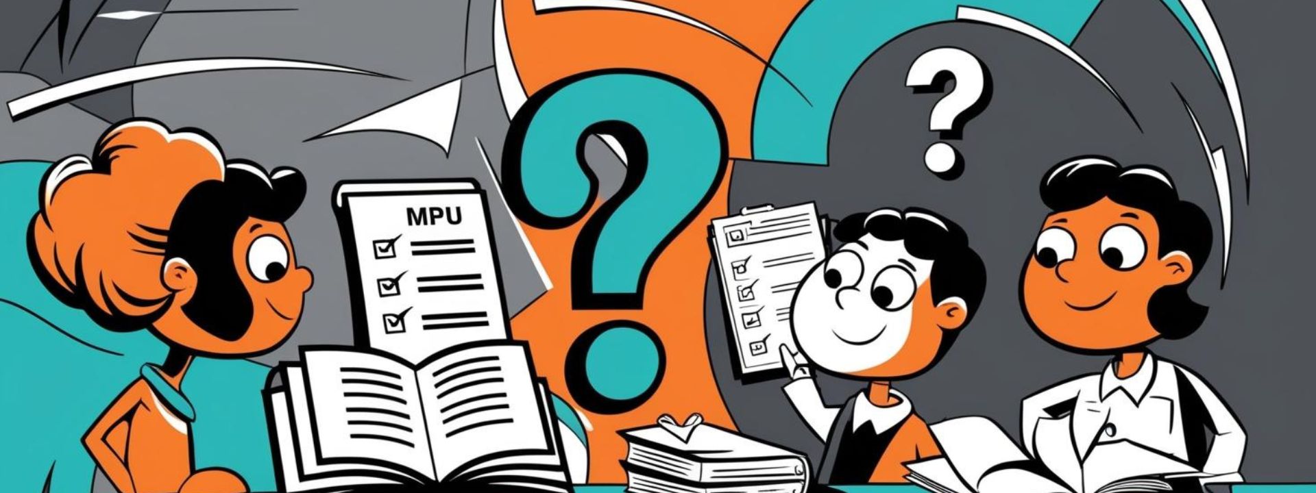 „Illustration für die MPU-Blogrubrik mit Wissenssymbolen und Comicfiguren im Pop-Art-Stil.“