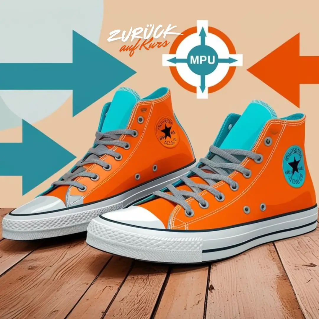 „Pop-Art Stil Illustration mit Converse Sneakern vor zwei Pfeilen auf Holzboden, die zur MPU führen.“