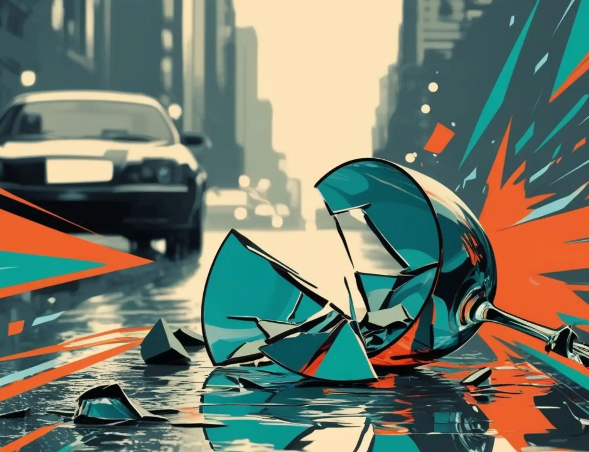 „Pop-Art Stil Illustration eines Fahrzeugs neben einem zerbrochenen Glas, symbolisch für MPU wegen Alkohol.“