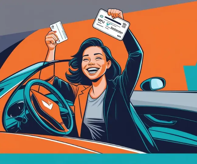 „Pop-Art Stil Illustration einer glücklichen Frau im Auto, die ihren Führerschein in die Luft hält.“