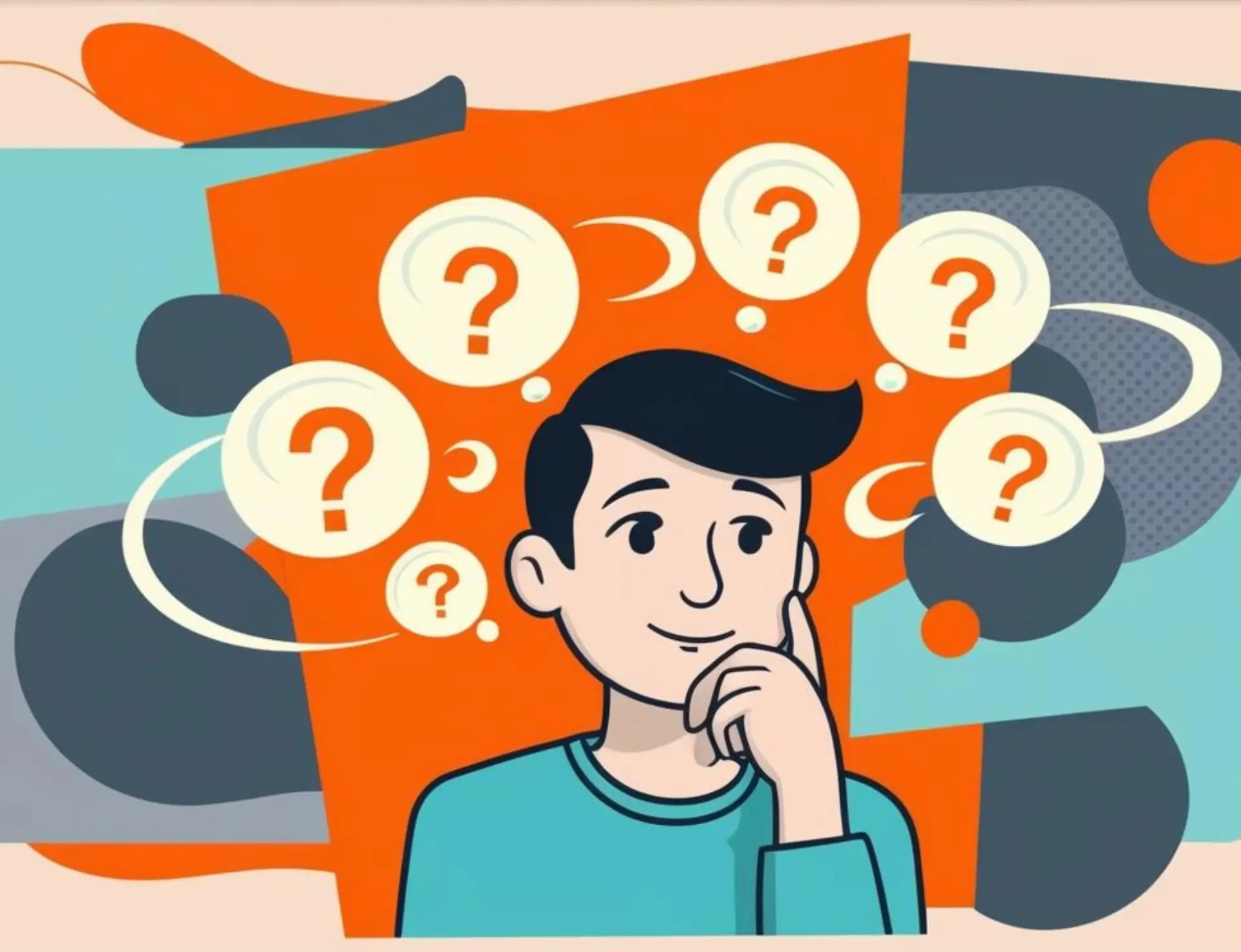 „Pop-Art Stil Illustration einer nachdenklichen Person mit Fragezeichen um den Kopf.“