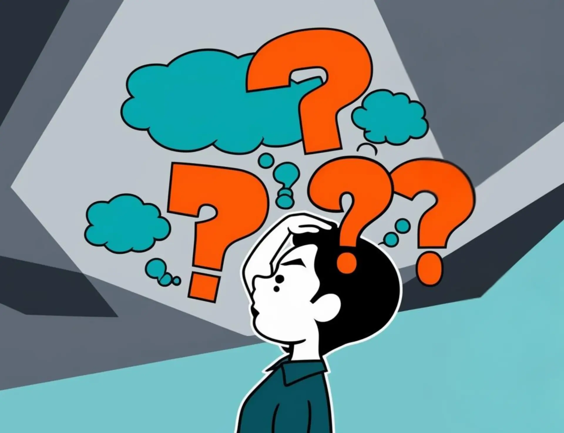 „Pop-Art Stil Illustration von einer Person, welche nach oben schaut und Comicfragezeichen über dem Kopf hat und sich Fragen zur MPU stellt.