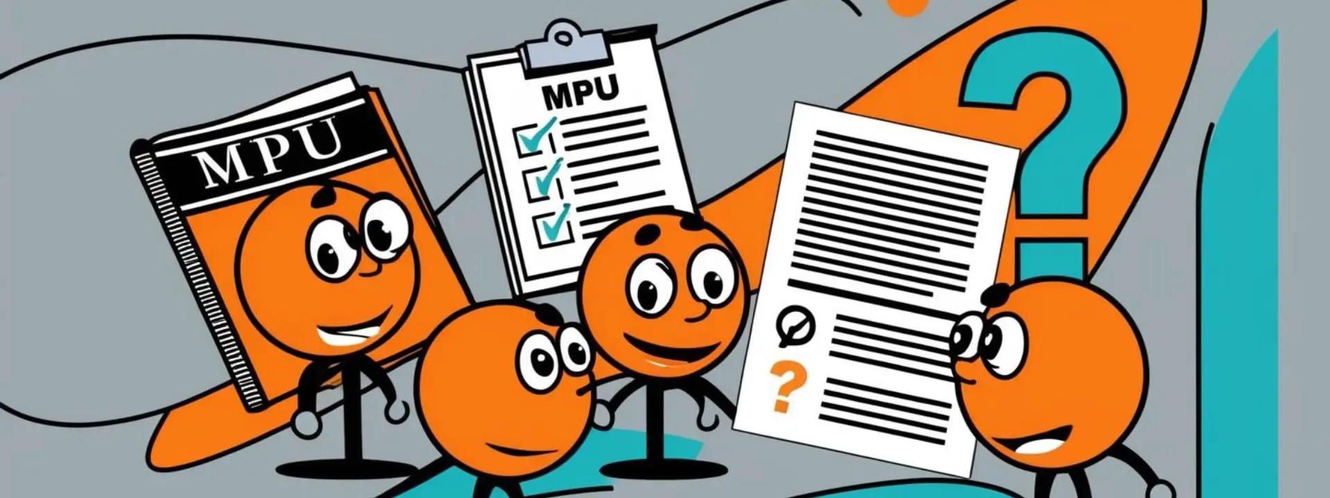 „Illustration für die MPU-Blogrubrik mit Wissenssymbolen und runden Comicfiguren im Pop-Art-Stil.“